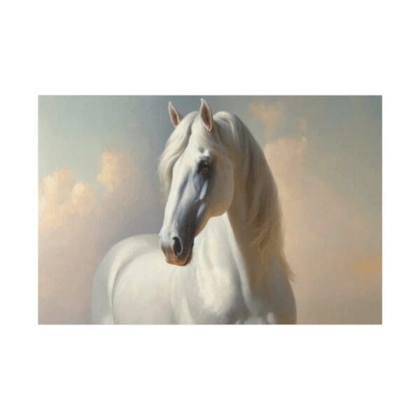 A white horse with a flowing mane.