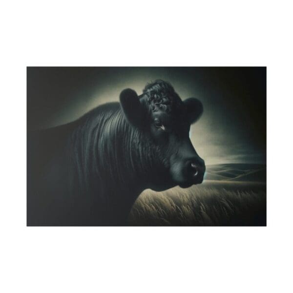 Black cow in a field of grass.