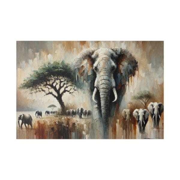 Painting of elephants in an African landscape.