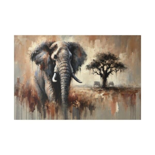 Painting of elephant in African landscape.