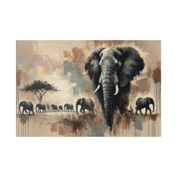 Painting of elephants in a savanna scene.