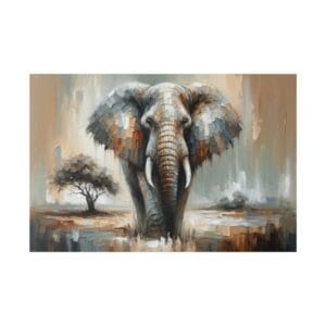 Painting of a large elephant in a field.