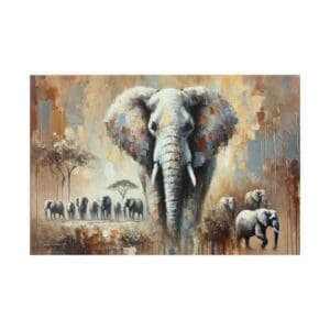 Painting of a herd of elephants in the wild.