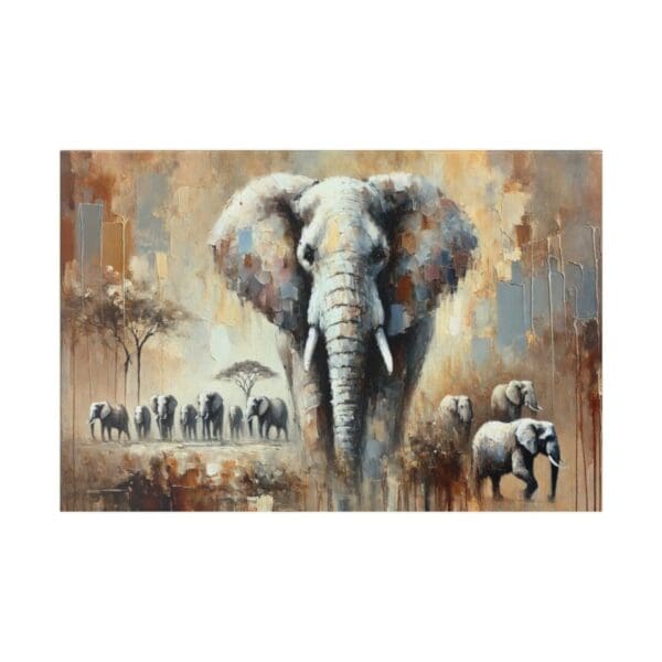 Painting of a herd of elephants in the wild.