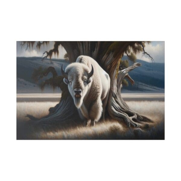 White buffalo standing behind a tree.