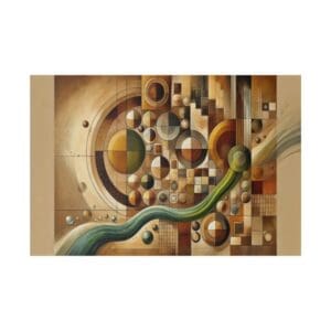 Abstract geometric painting with circles and lines.