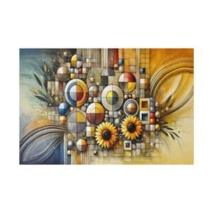 Abstract geometric art with sunflowers and circles.