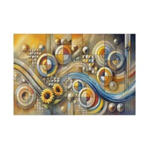 Abstract geometric art with sunflowers and circles.