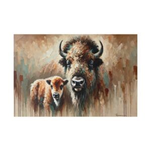 A bison and its calf in a painting.