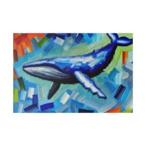 Colorful abstract painting of a blue whale.