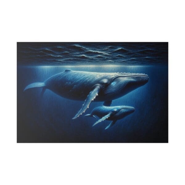 Humpback whale and calf swim in ocean.