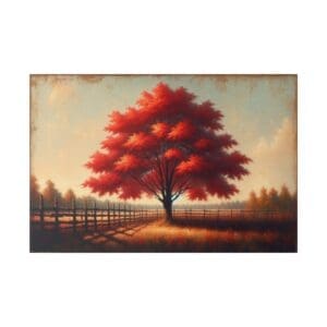 Red tree in field with wooden fence.