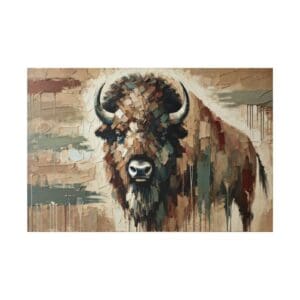 Painting of a brown bison with horns.