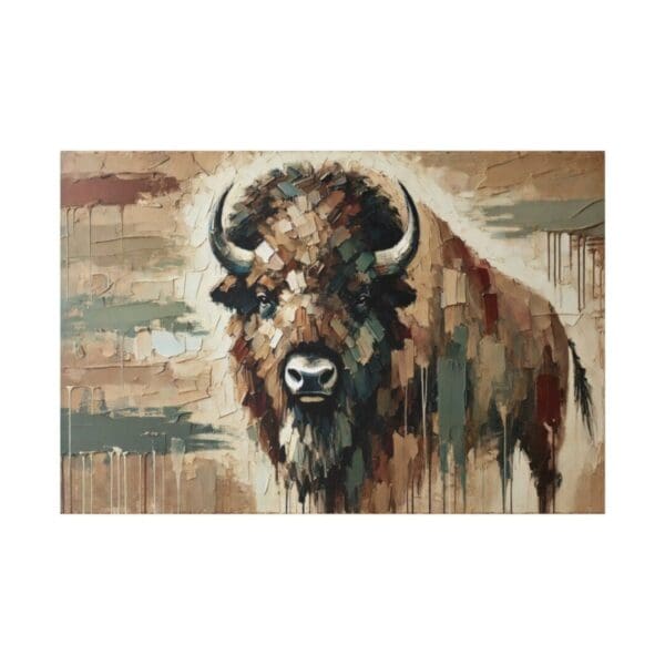 Painting of a brown bison with horns.