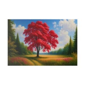 Single red tree in a field with forest.