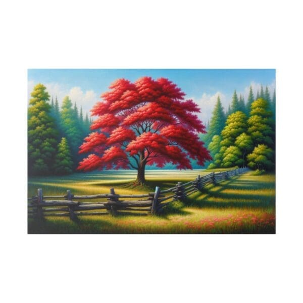 Red tree in a green meadow with fence.