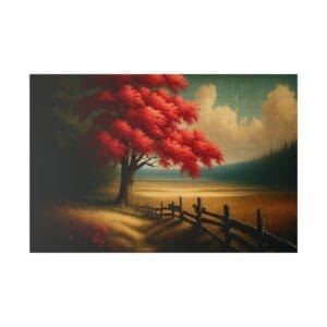 Red tree by a wooden fence in a field.
