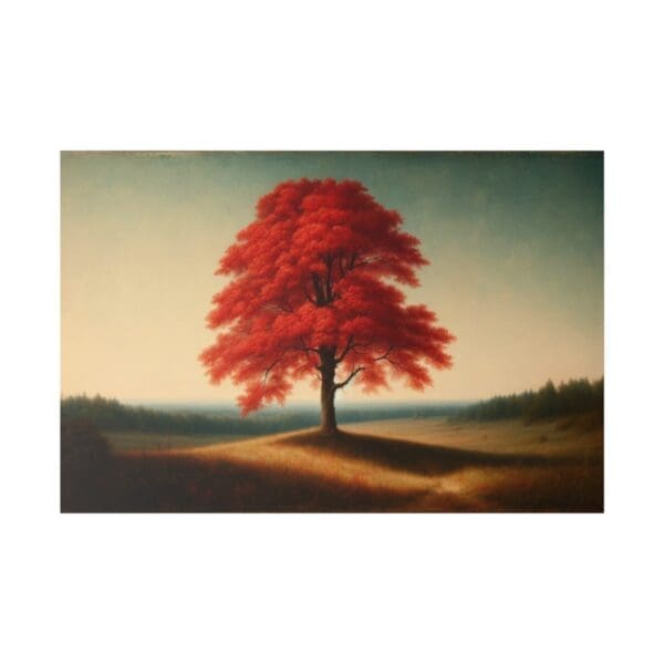 A single red tree in a field.