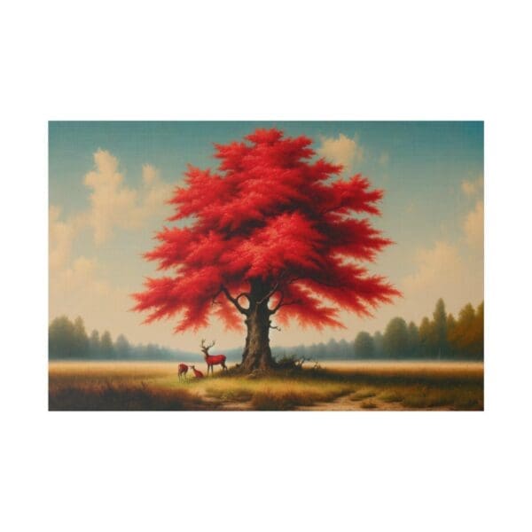 Red tree with deer in a field.