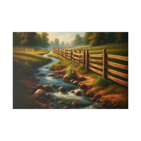 A winding stream along a wooden fence.