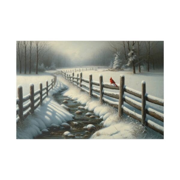 Snowy stream with a cardinal on a fence.