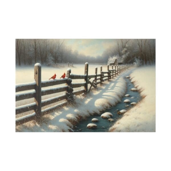 Two cardinals on fence by snowy creek.