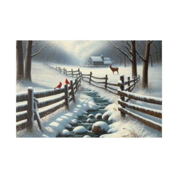 Winter scene with cabin, deer, and birds.