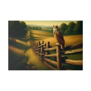 Owl perched on a fence in a field.
