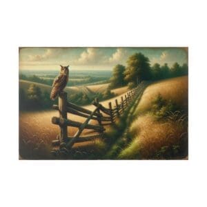 Owl perched on a fence in a field.