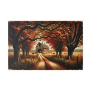Red barn on a country lane in autumn.