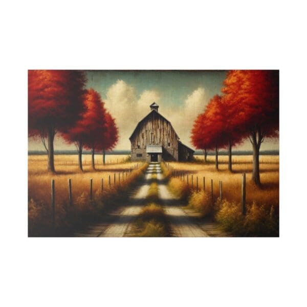 Barn with red trees and a dirt road.