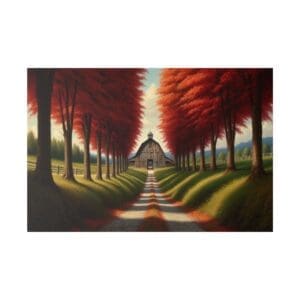 Barn with red trees and a path.