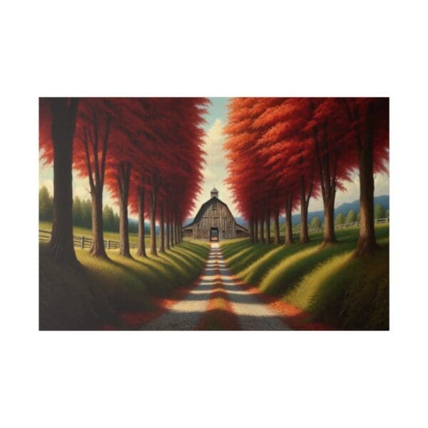 Barn with red trees and a path.