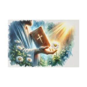 Jesus holding bible with a flower blooming.