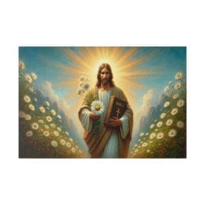 Jesus holding Bible and flowers in field.