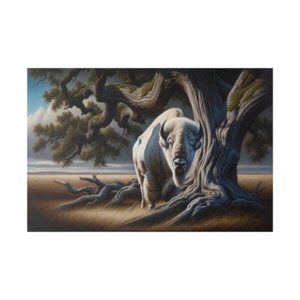 White buffalo standing by a large tree.