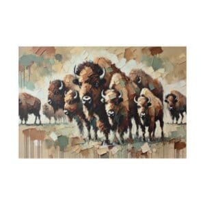 A herd of brown bison in a painting.