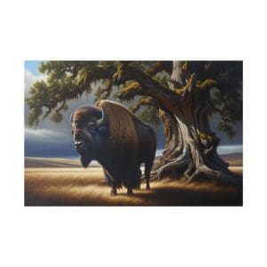 A bison stands by a large tree.