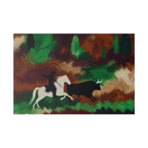 Cowboy on horseback lassoing a bull.