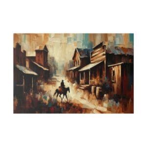 Cowboy riding a horse through a western town.