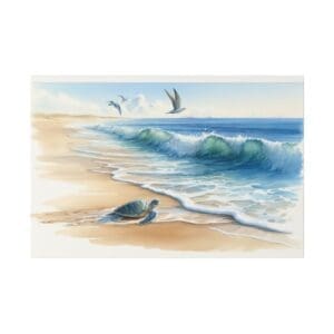 Sea turtle on sandy beach with waves and birds.