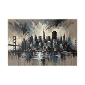 Painting of San Francisco skyline with bridge.