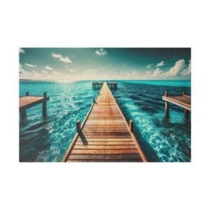 Wooden pier extending into turquoise water.
