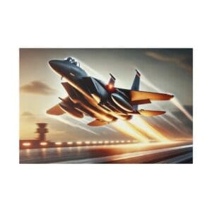 Fighter jet taking off from runway.