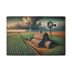 Barn with windmill in cornfield under storm clouds.