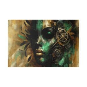 Abstract portrait with green and gold tones.