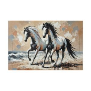 Two white horses running on beach.