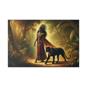 A woman in a red gown with a panther.