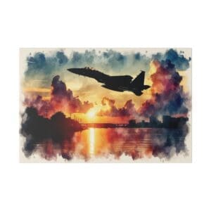 Silhouette of a fighter jet at sunset.