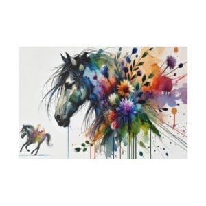 Watercolor painting of a horse with flowers.